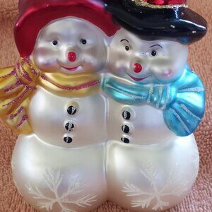 Vintage Mr and Mrs Snowman Glass Ornament